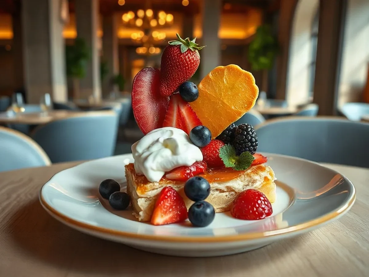Seasonal fruit, crisp pastry and cool cream arranged on a ceramic plate in gentle daylight.
