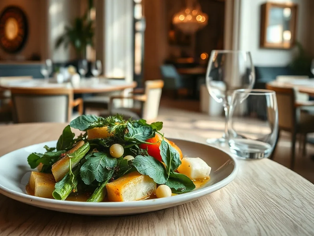 Fresh market vegetables and herbs on a ceramic plate beside linen in soft daylight.