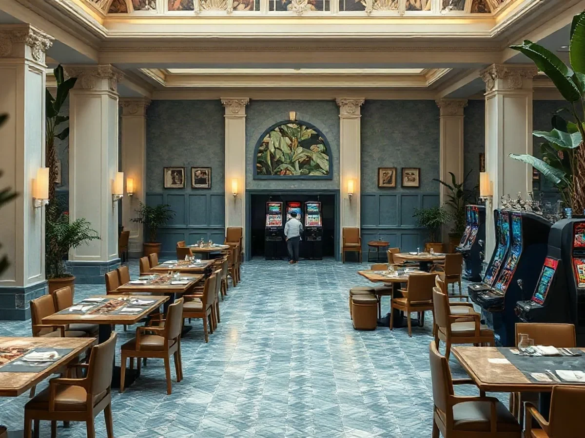 Gaming tables and slot machines across a spacious floor of clay-blue tile, pale oak and leafy planters.