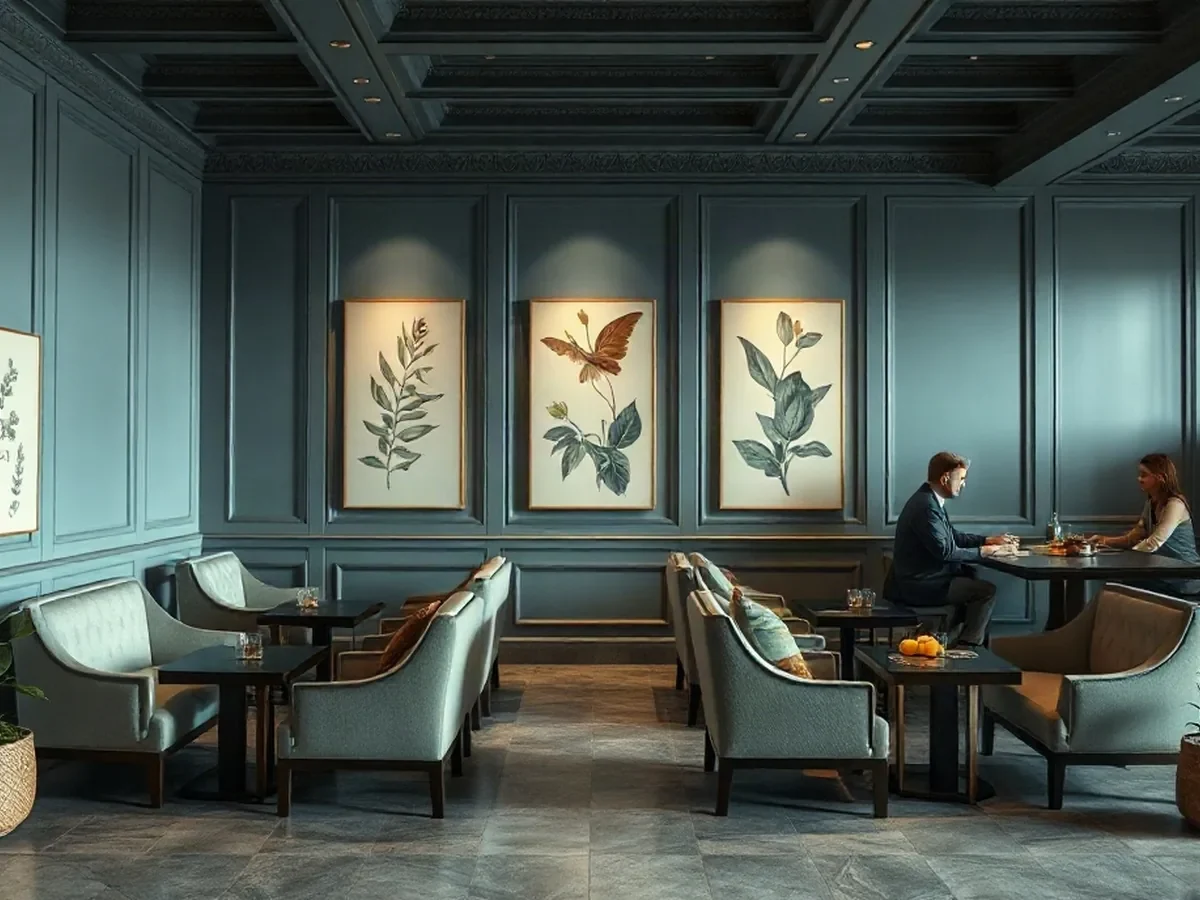 Quiet chairs and small tables beside leafy planters, pale oak and soft plaster in gentle light.