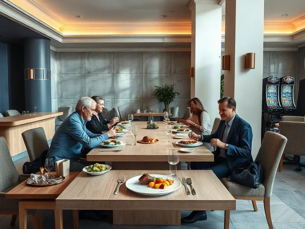 Adults sharing a meal at a pale oak table among botanical prints and leafy planters in soft light.