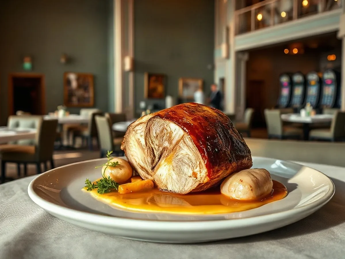 A carefully roasted main with glossy pan sauce and market vegetables on a ceramic plate.
